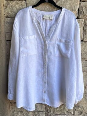 Chico's Women's Blouse Sz 3 (XL-16) Linen Button Up Shirt Tunic Top Sequin Beach